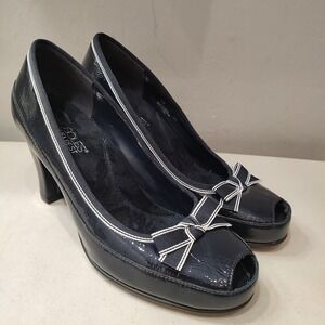 Aerosoles Heel Women 7.5 Navy Blue Peep Toe‎ Flats Bow Comfort Slip OnComfort